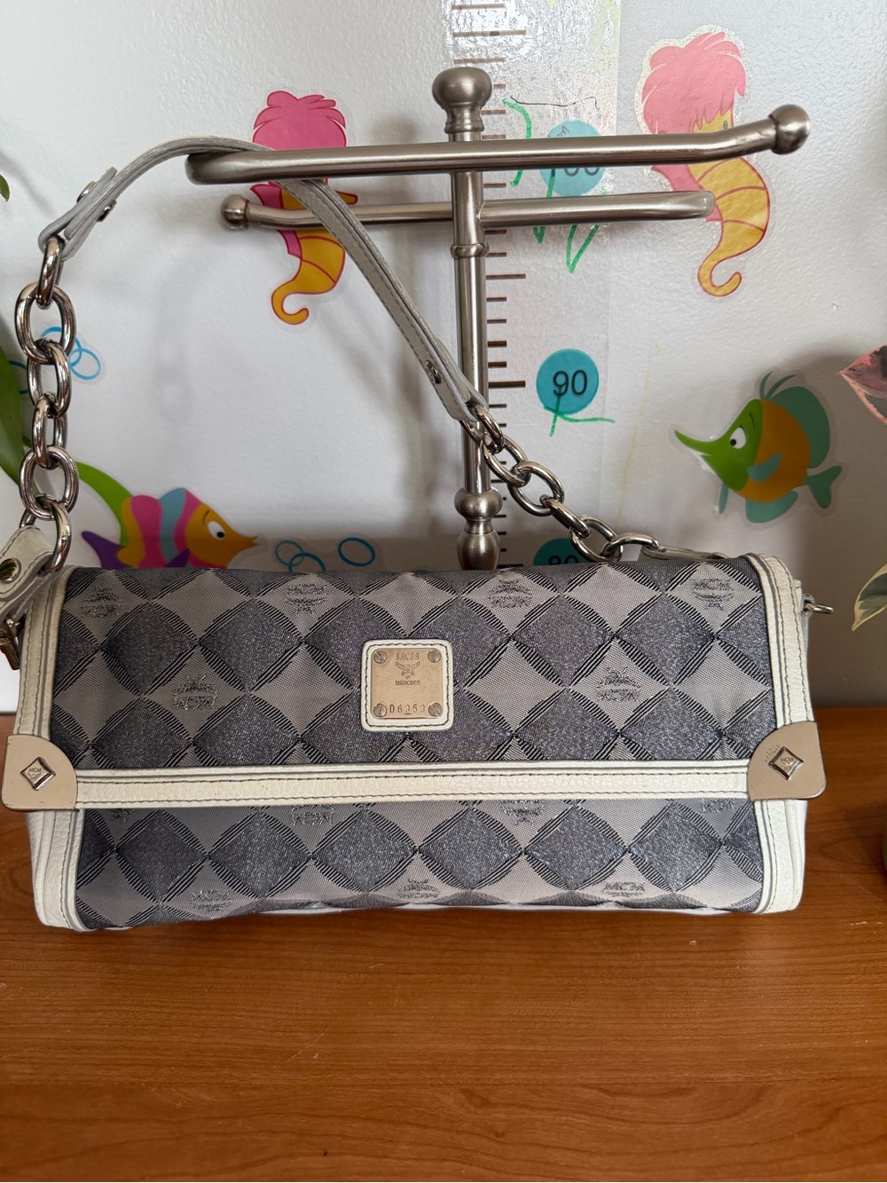 MCM Black and Cream Patterned Shoulder Bag